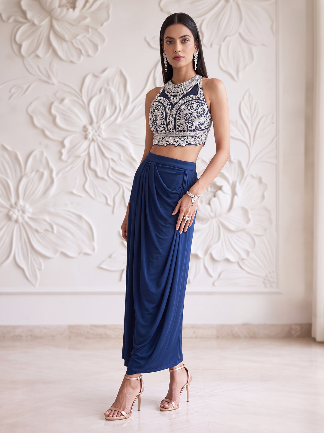 Navy Blue Blouse with Lycra Skirt