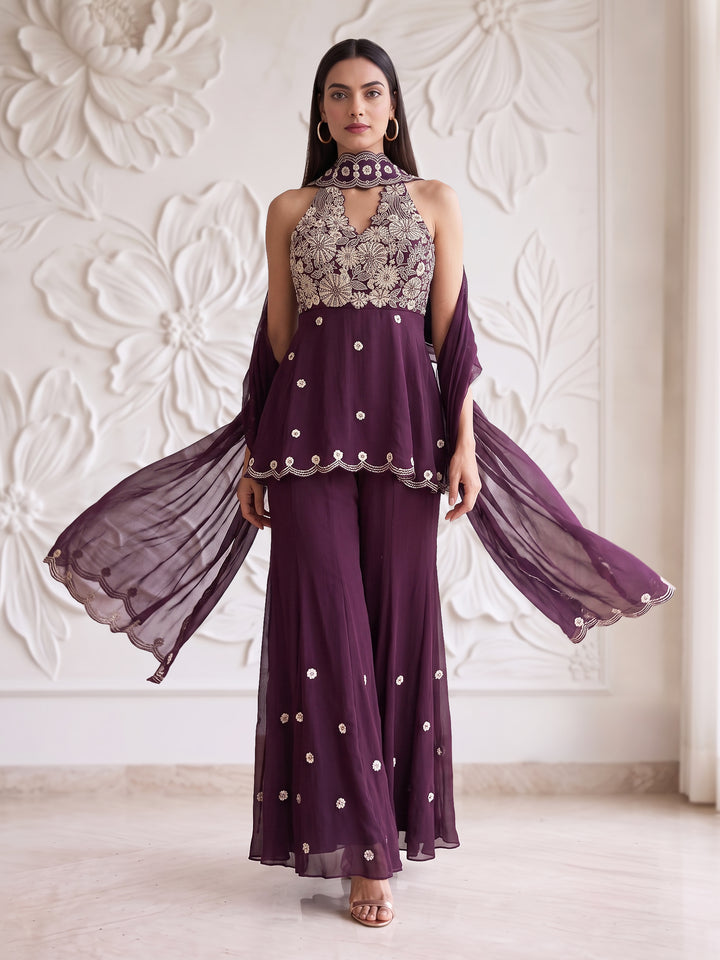 Plum Blossom Embroidered Kurta Sharara Set