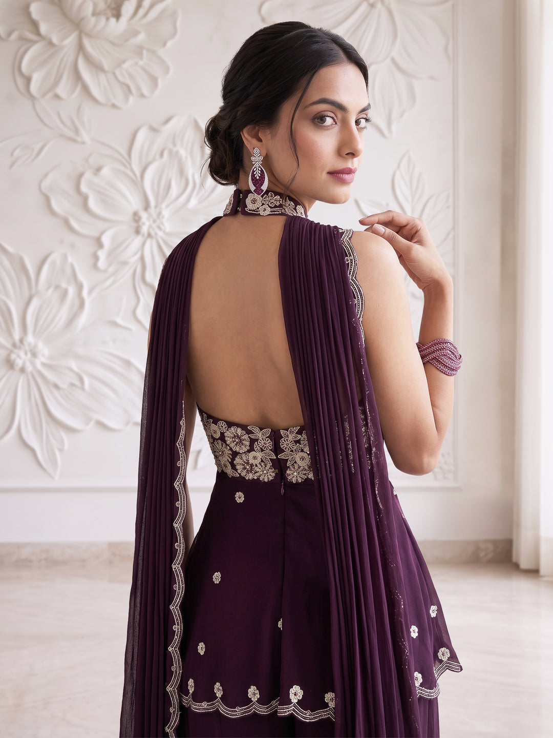 Plum Blossom Embroidered Kurta Sharara Set
