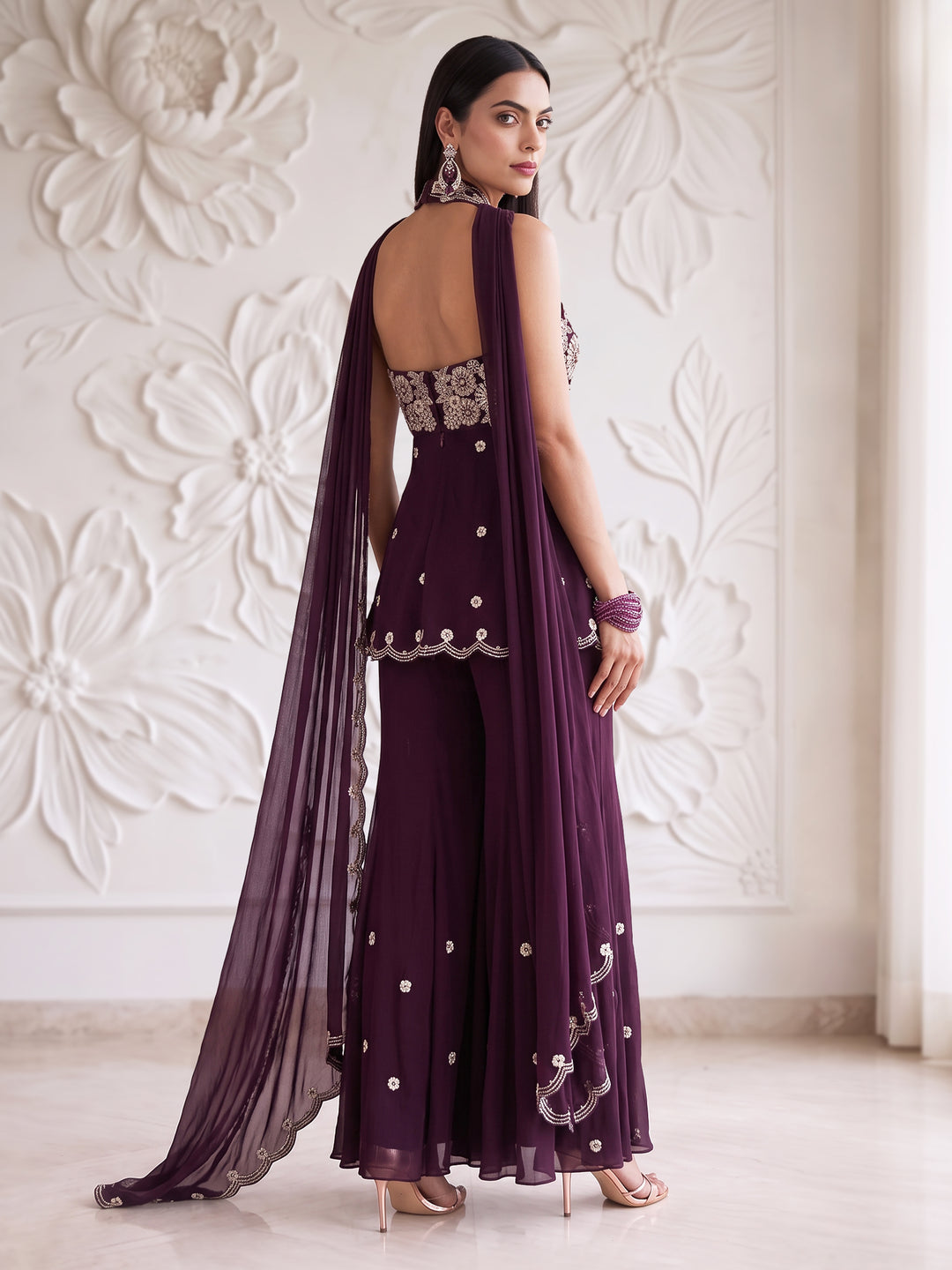 Plum Blossom Embroidered Kurta Sharara Set