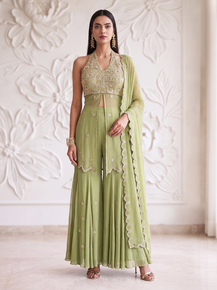 FERN GREEN HALTER NECK CIRCULAR FLOWER EMBROIDERED BLOUSE