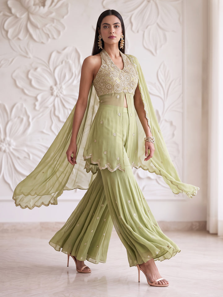 FERN GREEN HALTER NECK CIRCULAR FLOWER EMBROIDERED BLOUSE