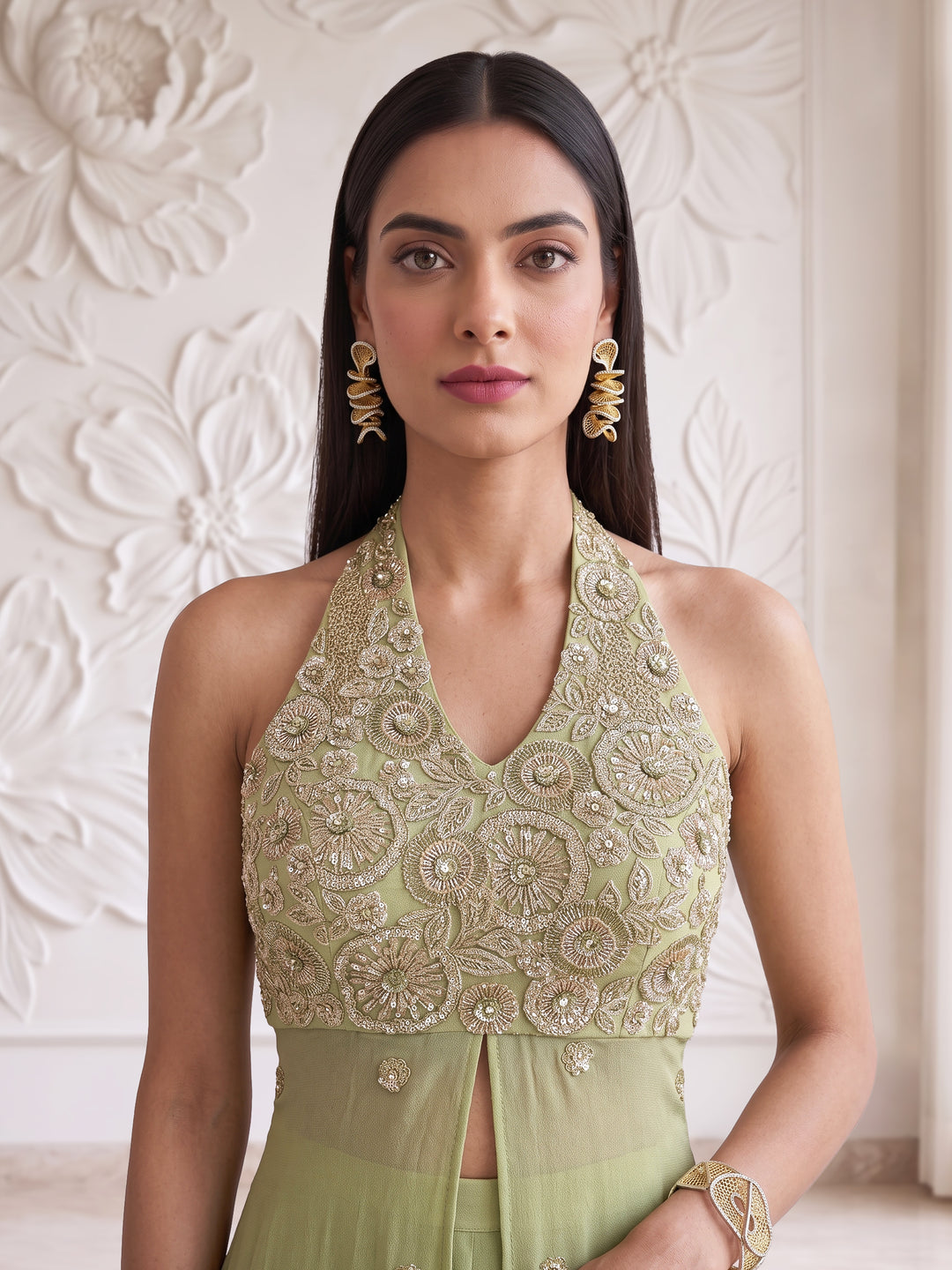 FERN GREEN HALTER NECK CIRCULAR FLOWER EMBROIDERED BLOUSE