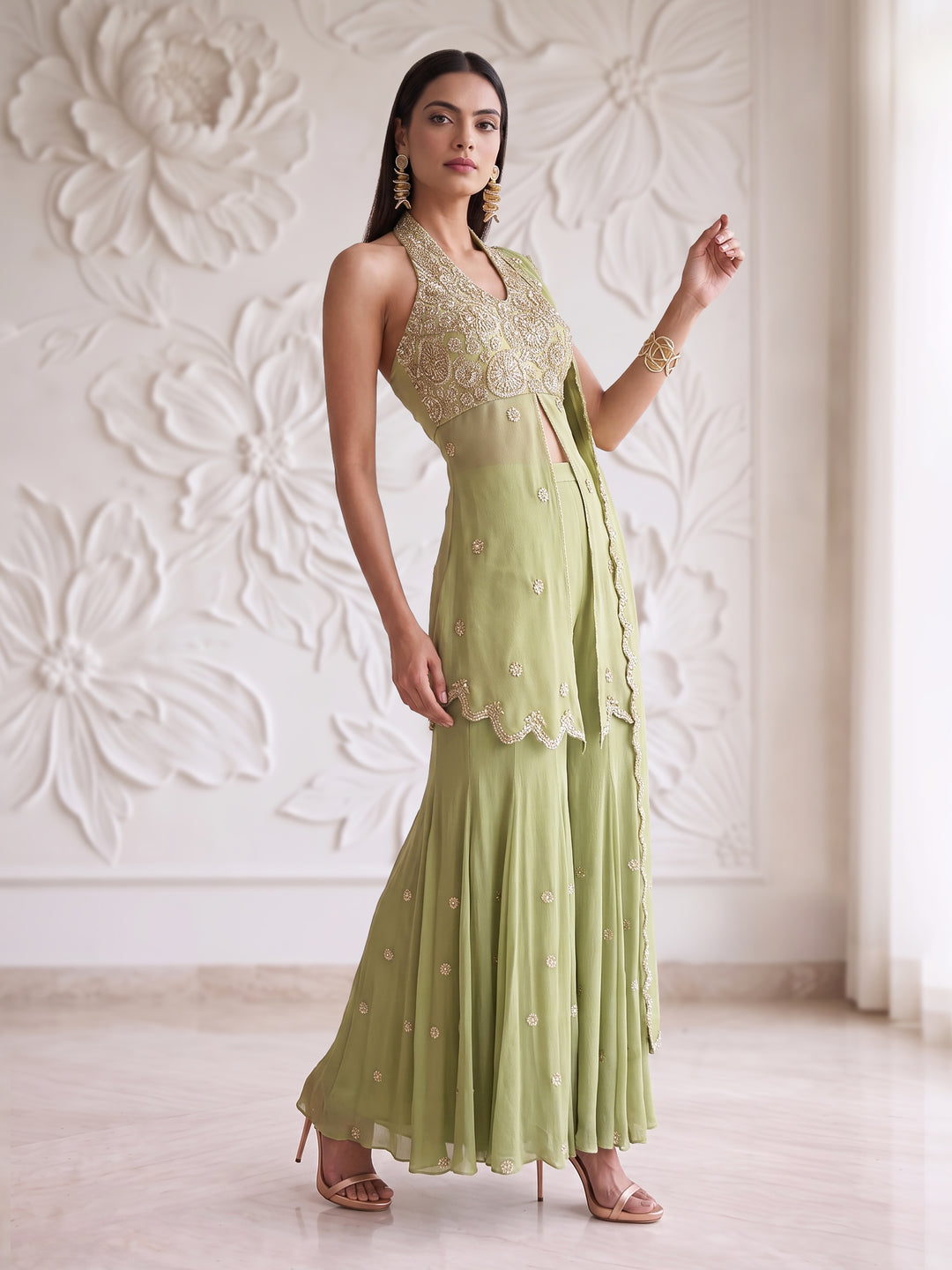FERN GREEN HALTER NECK CIRCULAR FLOWER EMBROIDERED BLOUSE