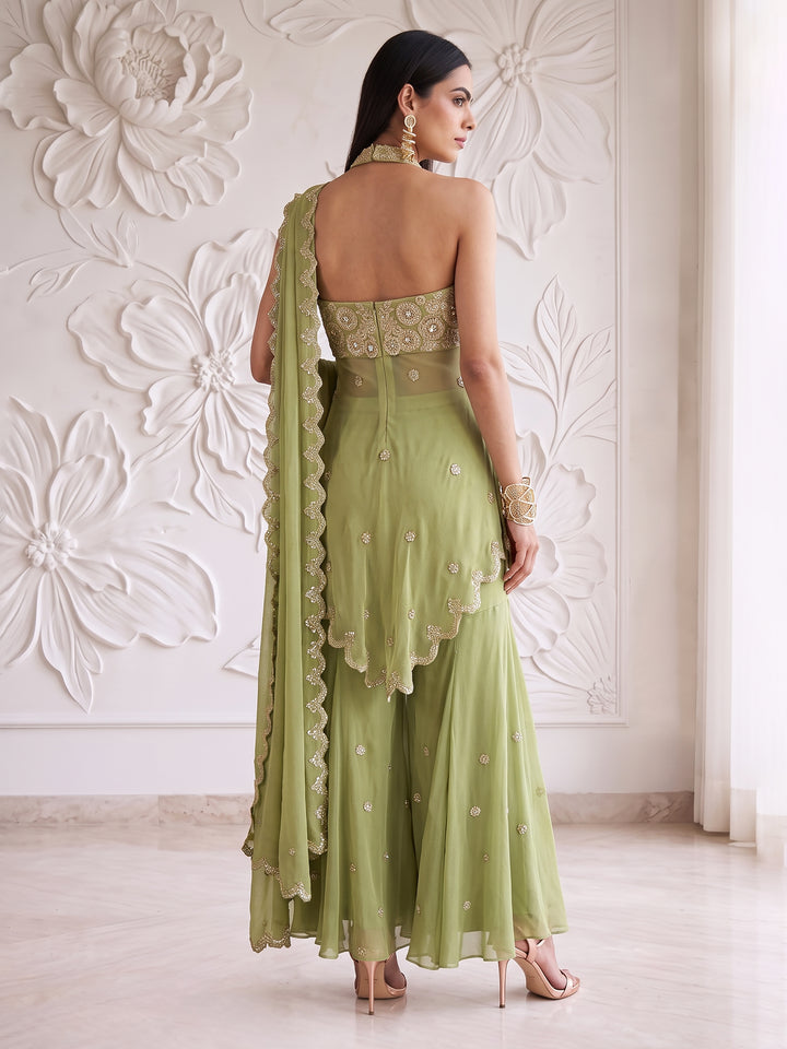 FERN GREEN HALTER NECK CIRCULAR FLOWER EMBROIDERED BLOUSE