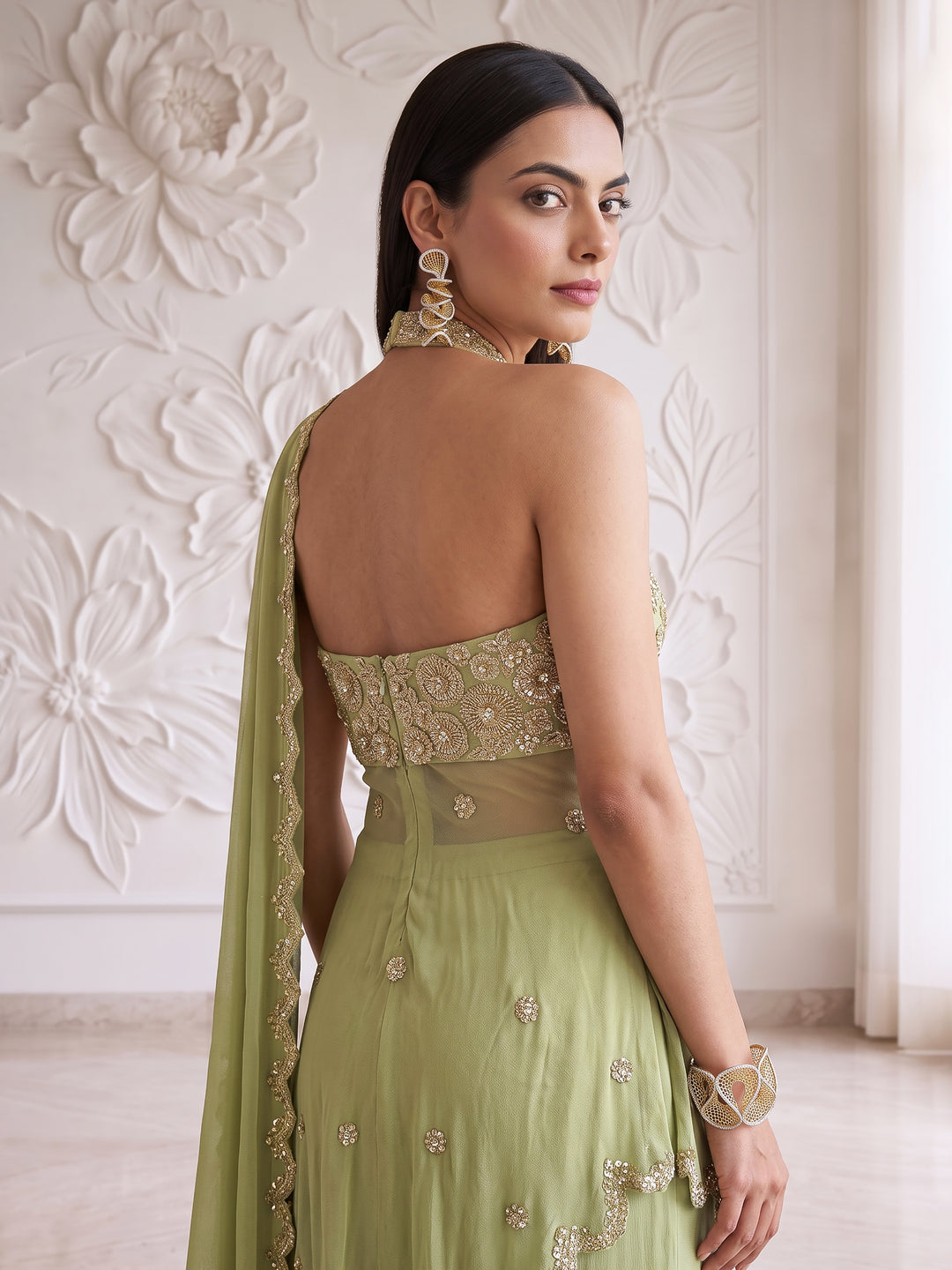 FERN GREEN HALTER NECK CIRCULAR FLOWER EMBROIDERED BLOUSE