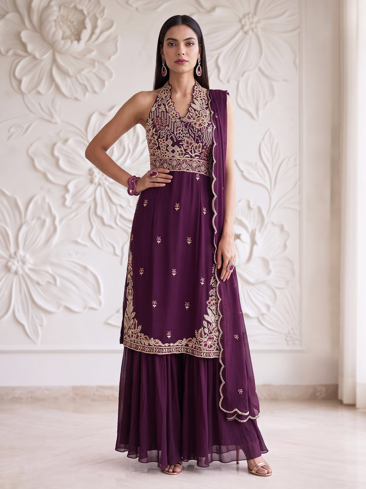 WINE FLORAL ABTRACT EMBROIDERY LONG HALTER NECK KURTA AND SHARARA SET