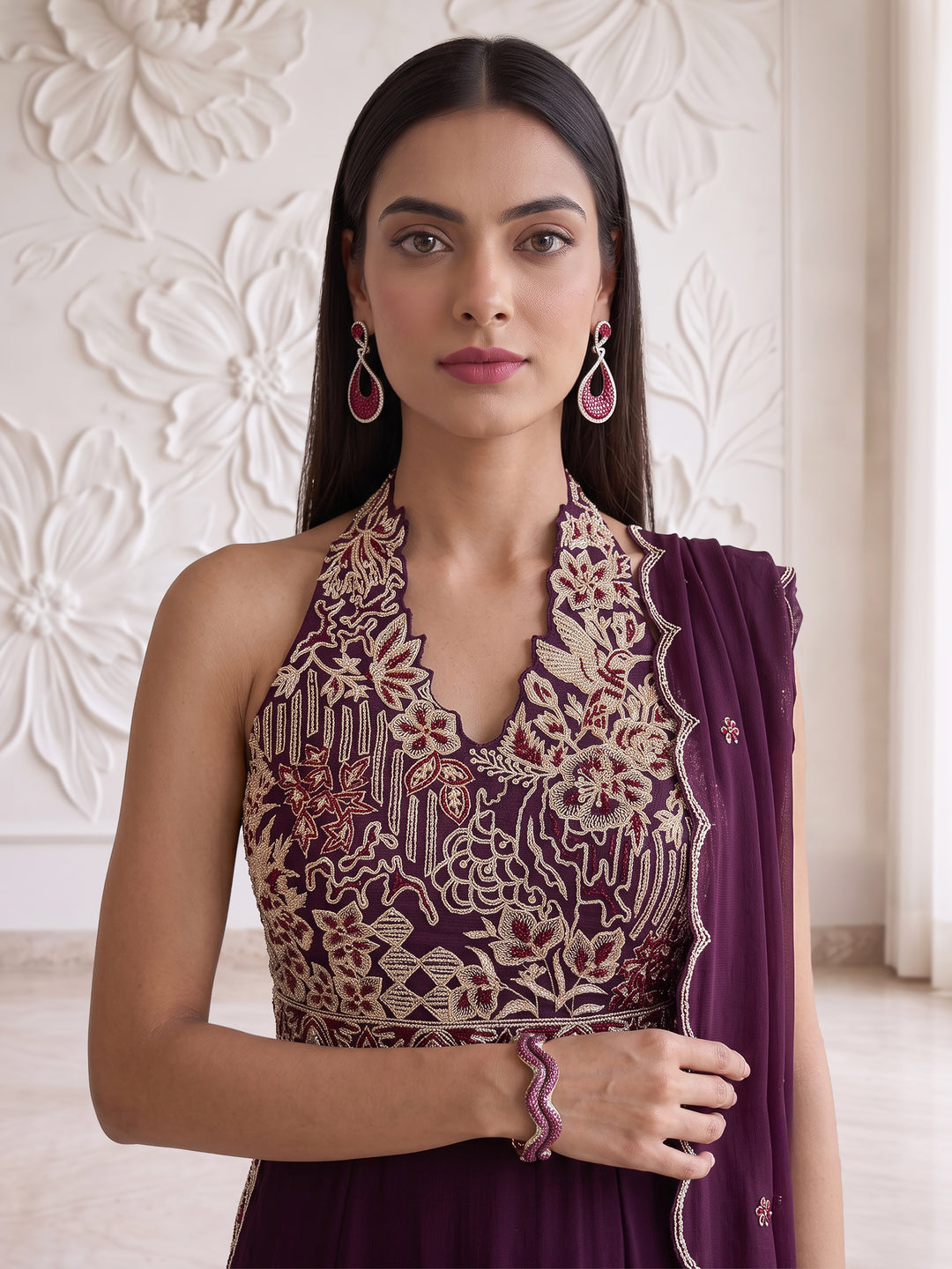 WINE FLORAL ABTRACT EMBROIDERY LONG HALTER NECK KURTA AND SHARARA SET