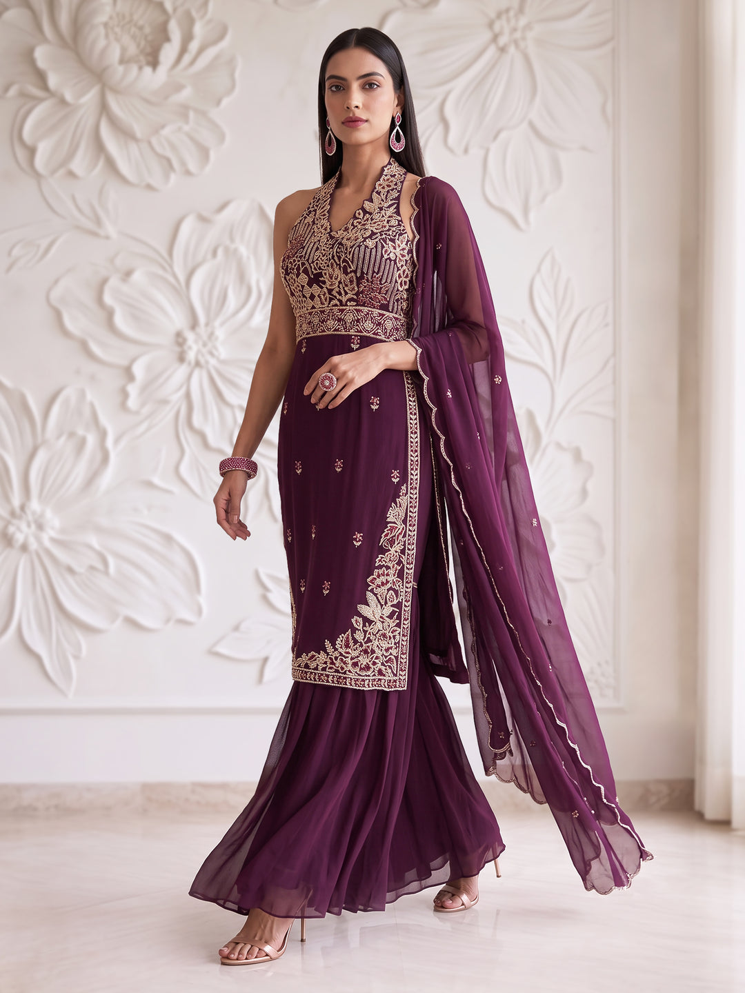 WINE FLORAL ABTRACT EMBROIDERY LONG HALTER NECK KURTA AND SHARARA SET