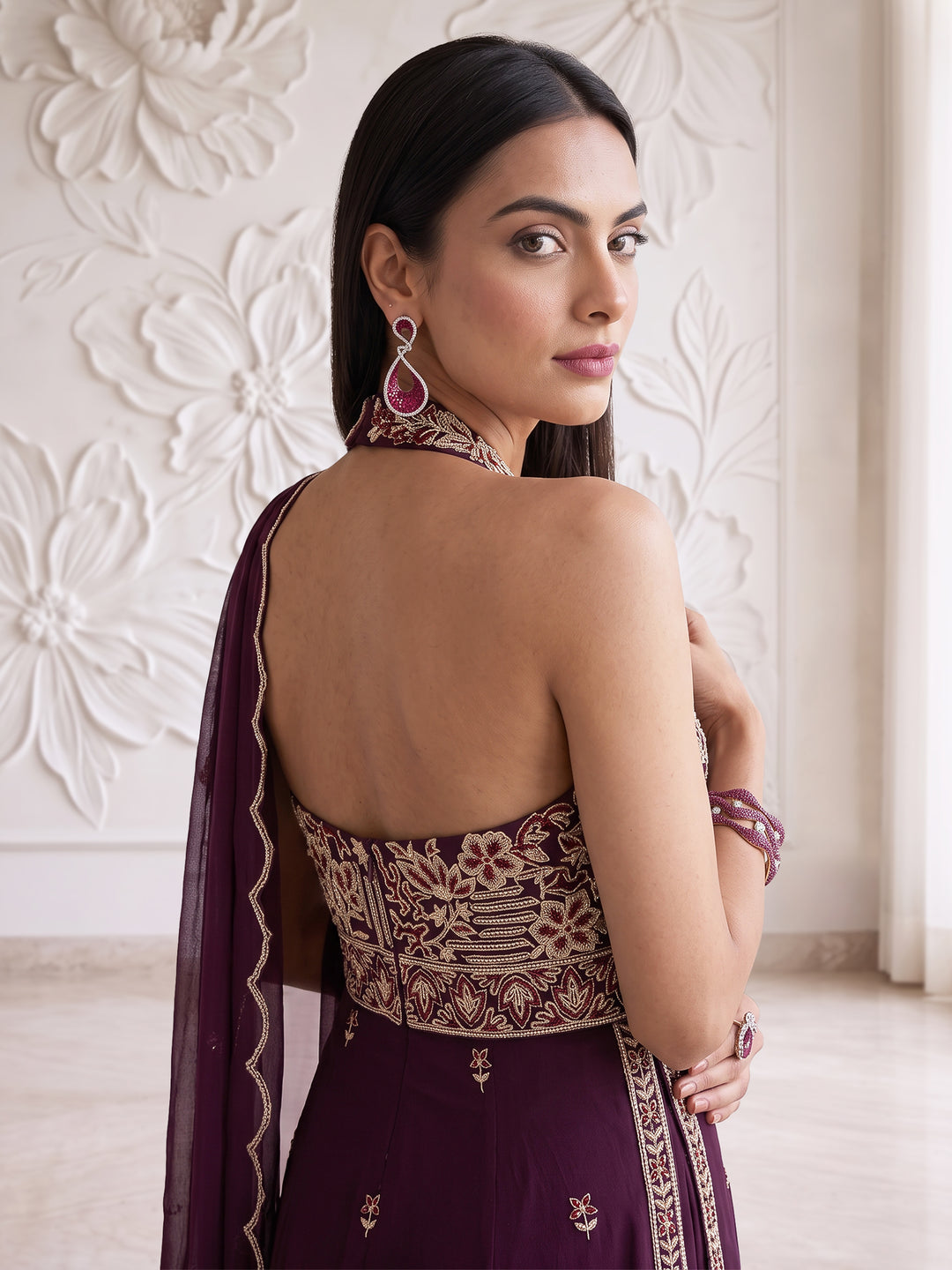 WINE FLORAL ABTRACT EMBROIDERY LONG HALTER NECK KURTA AND SHARARA SET