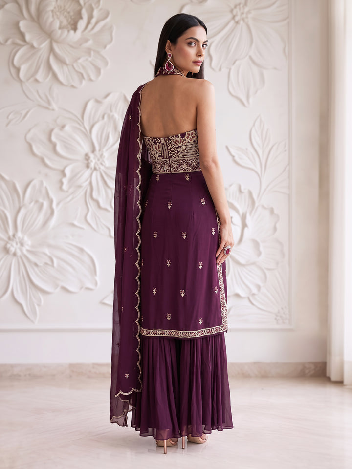 WINE FLORAL ABTRACT EMBROIDERY LONG HALTER NECK KURTA AND SHARARA SET