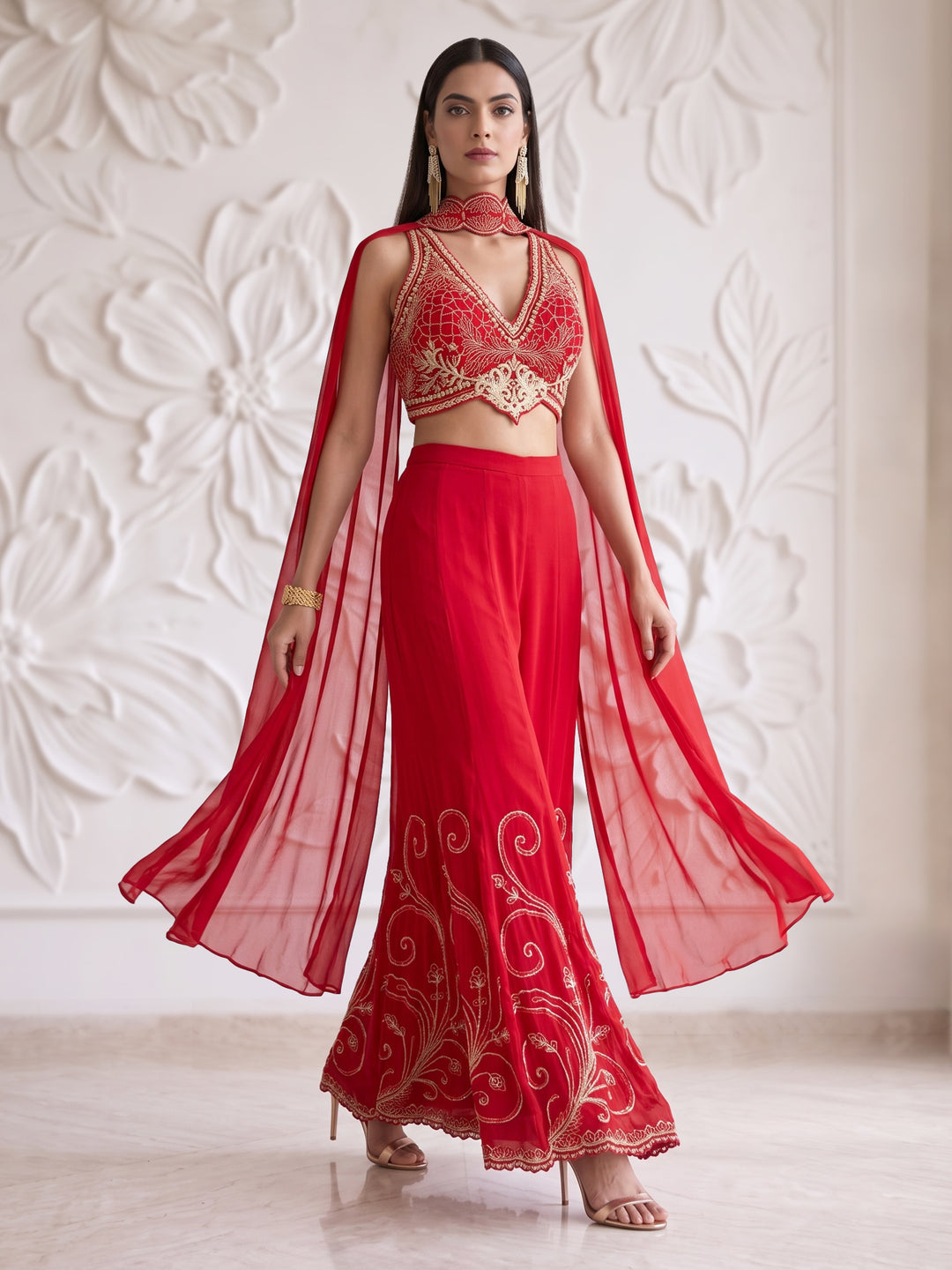 RED SWIRL EMBROIDERED SHARARA SET