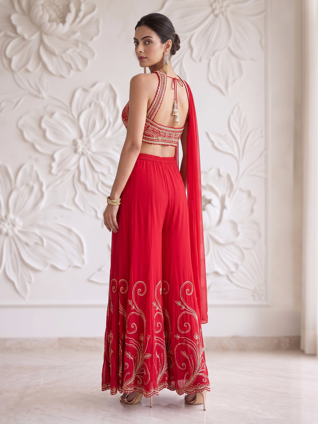 RED SWIRL EMBROIDERED SHARARA SET