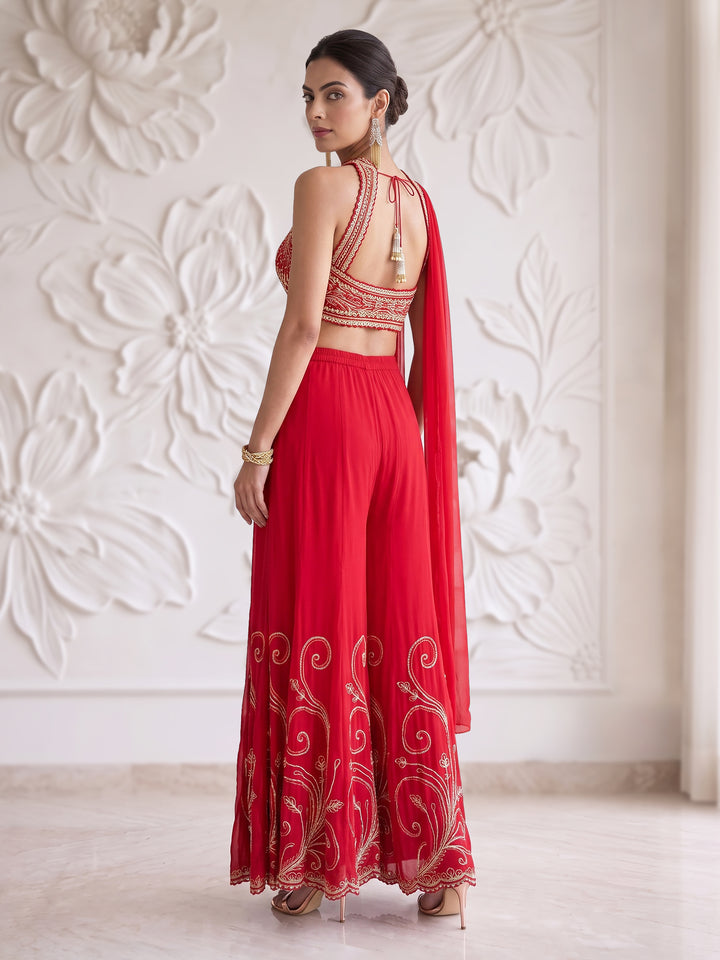 RED SWIRL EMBROIDERED SHARARA SET