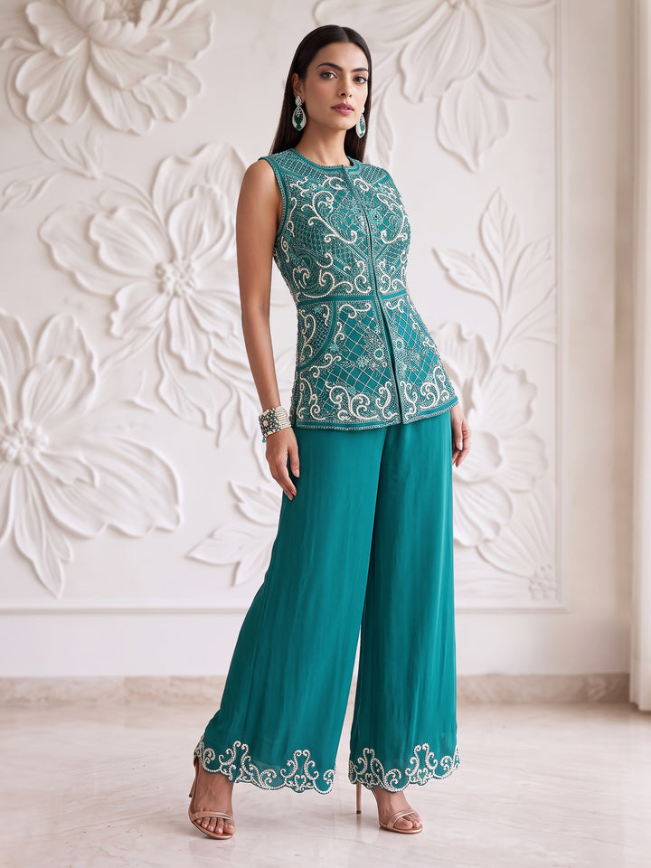 TEAL BLUE EMBROIDERED SLEEVELESS JACKET WITH PLAZZO
