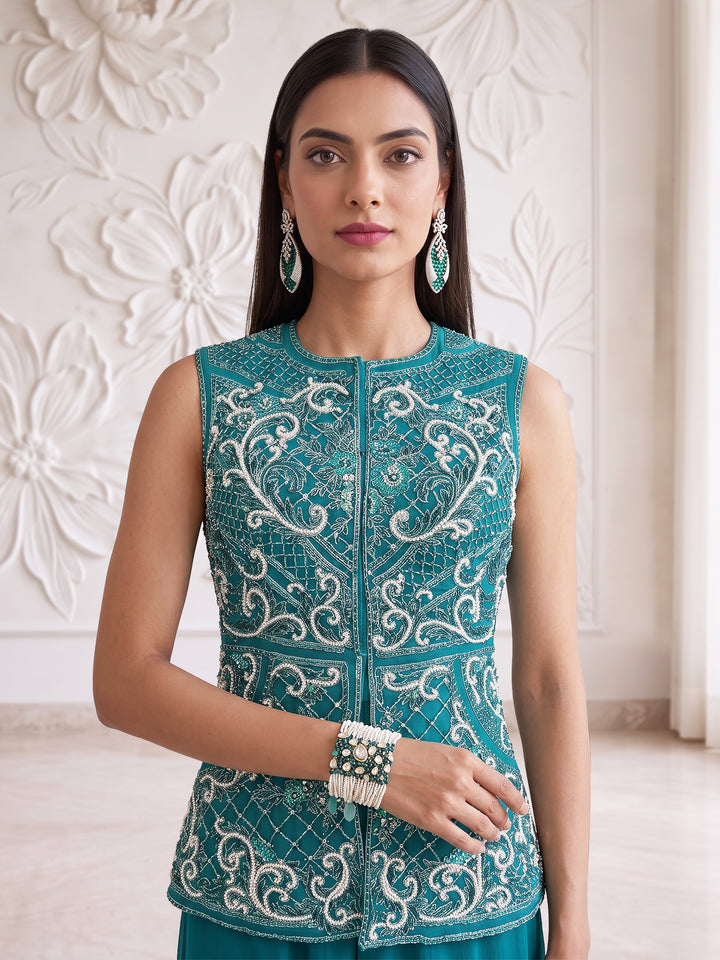 TEAL BLUE EMBROIDERED SLEEVELESS JACKET WITH PLAZZO