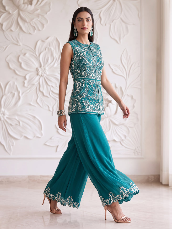 TEAL BLUE EMBROIDERED SLEEVELESS JACKET WITH PLAZZO