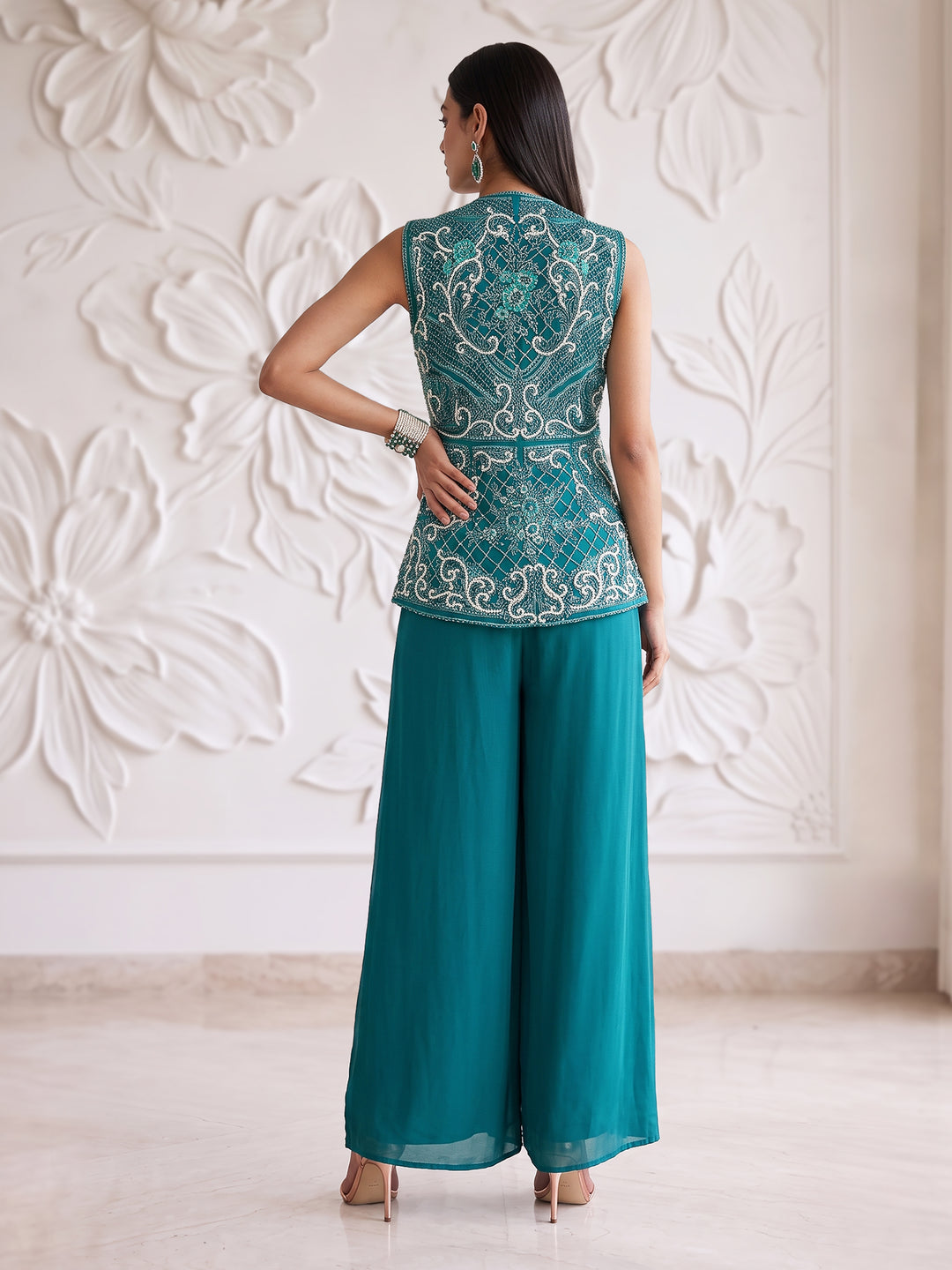 TEAL BLUE EMBROIDERED SLEEVELESS JACKET WITH PLAZZO