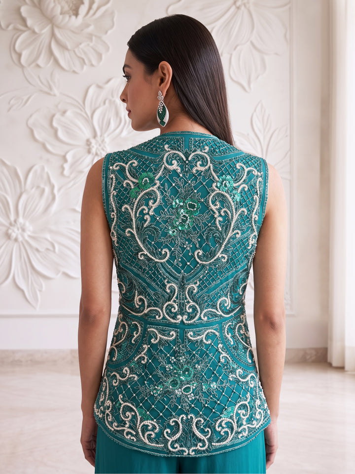 TEAL BLUE EMBROIDERED SLEEVELESS JACKET WITH PLAZZO