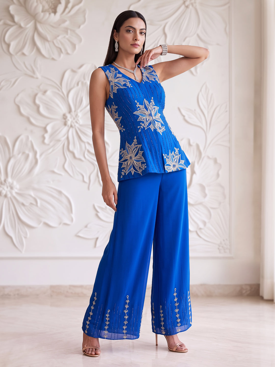 ELECTRIC BLUE SLEEVELESS JACKET WITH PLAZZO