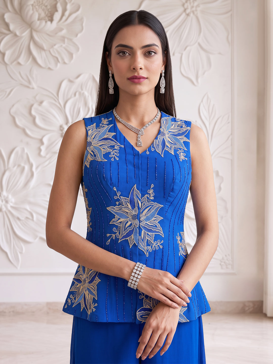 ELECTRIC BLUE SLEEVELESS JACKET WITH PLAZZO