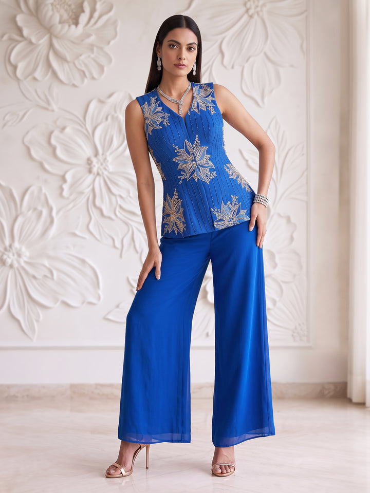 ELECTRIC BLUE SLEEVELESS JACKET WITH PLAZZO