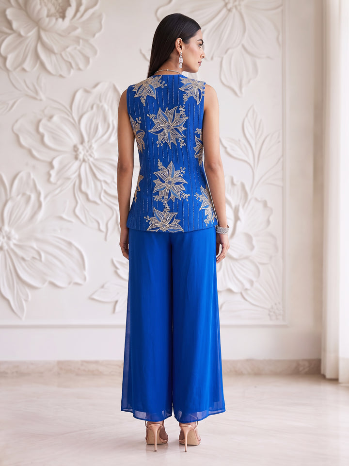 ELECTRIC BLUE SLEEVELESS JACKET WITH PLAZZO