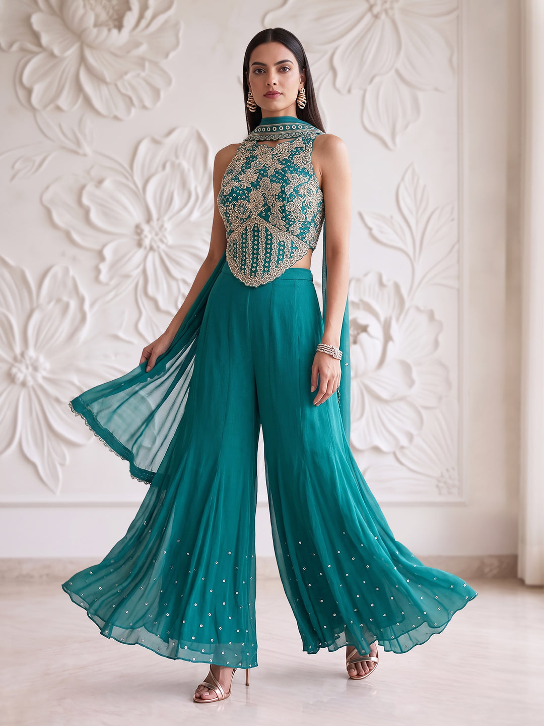 TEAL BLUE RACER BACK CORSET WITH SHARARA