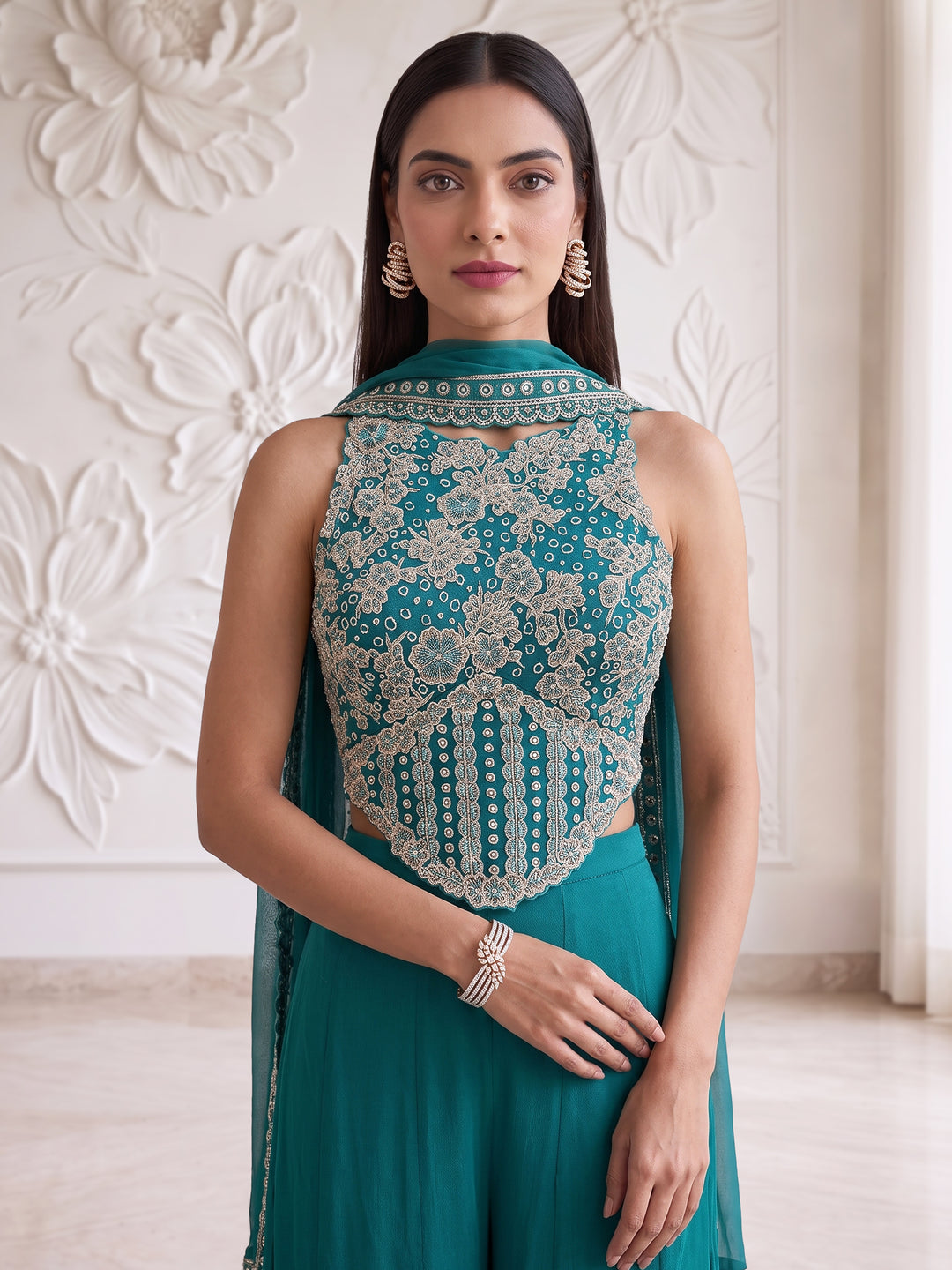 TEAL BLUE RACER BACK CORSET WITH SHARARA