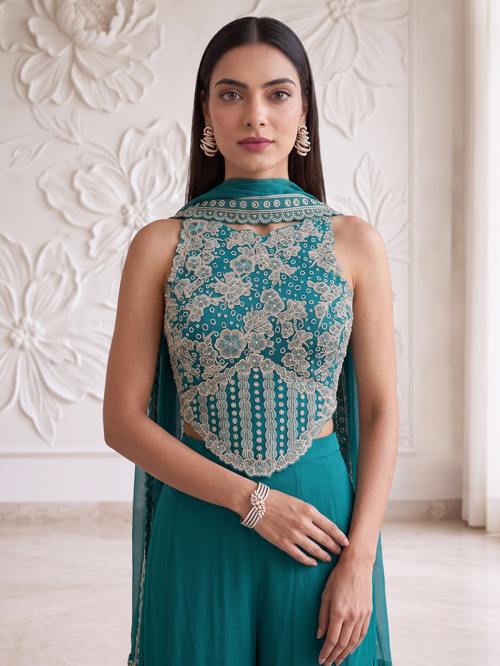 TEAL BLUE RACER BACK CORSET WITH SHARARA