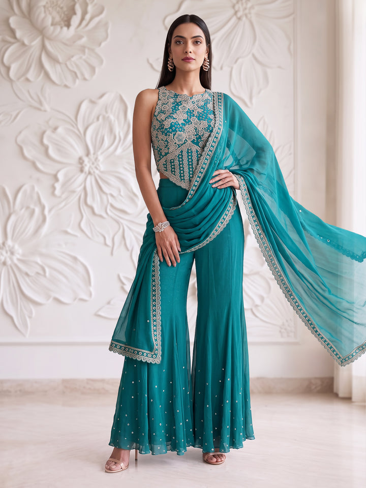 TEAL BLUE RACER BACK CORSET WITH SHARARA