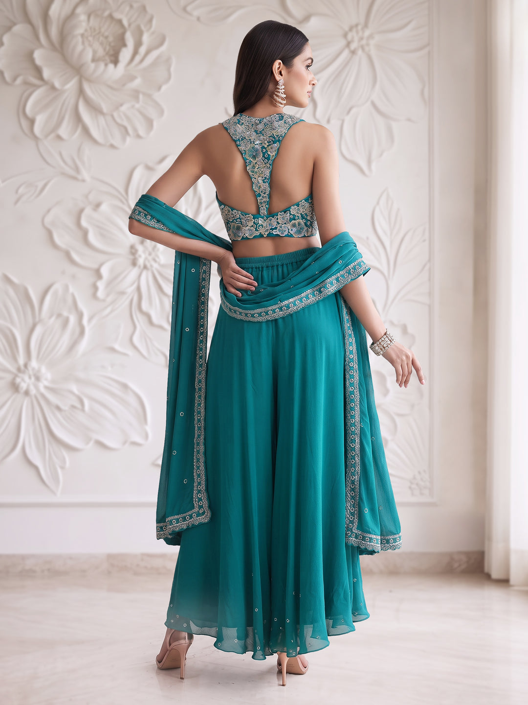 TEAL BLUE RACER BACK CORSET WITH SHARARA