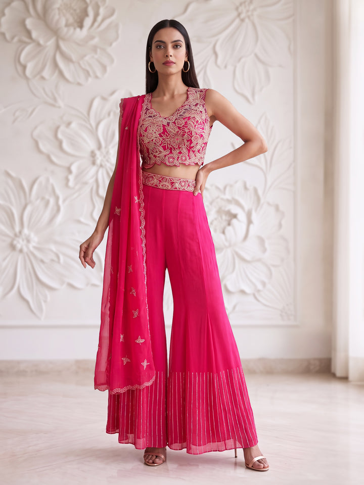 Fuchsia Pink Bloom Embroidered Sharara Set