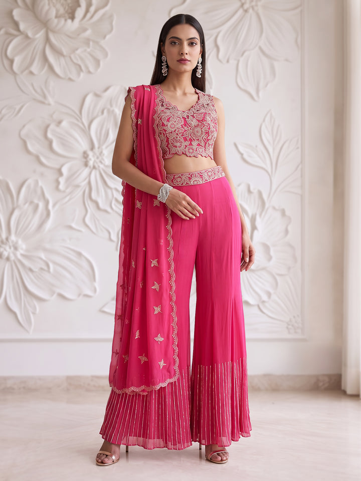 Fuchsia Pink Bloom Embroidered Sharara Set