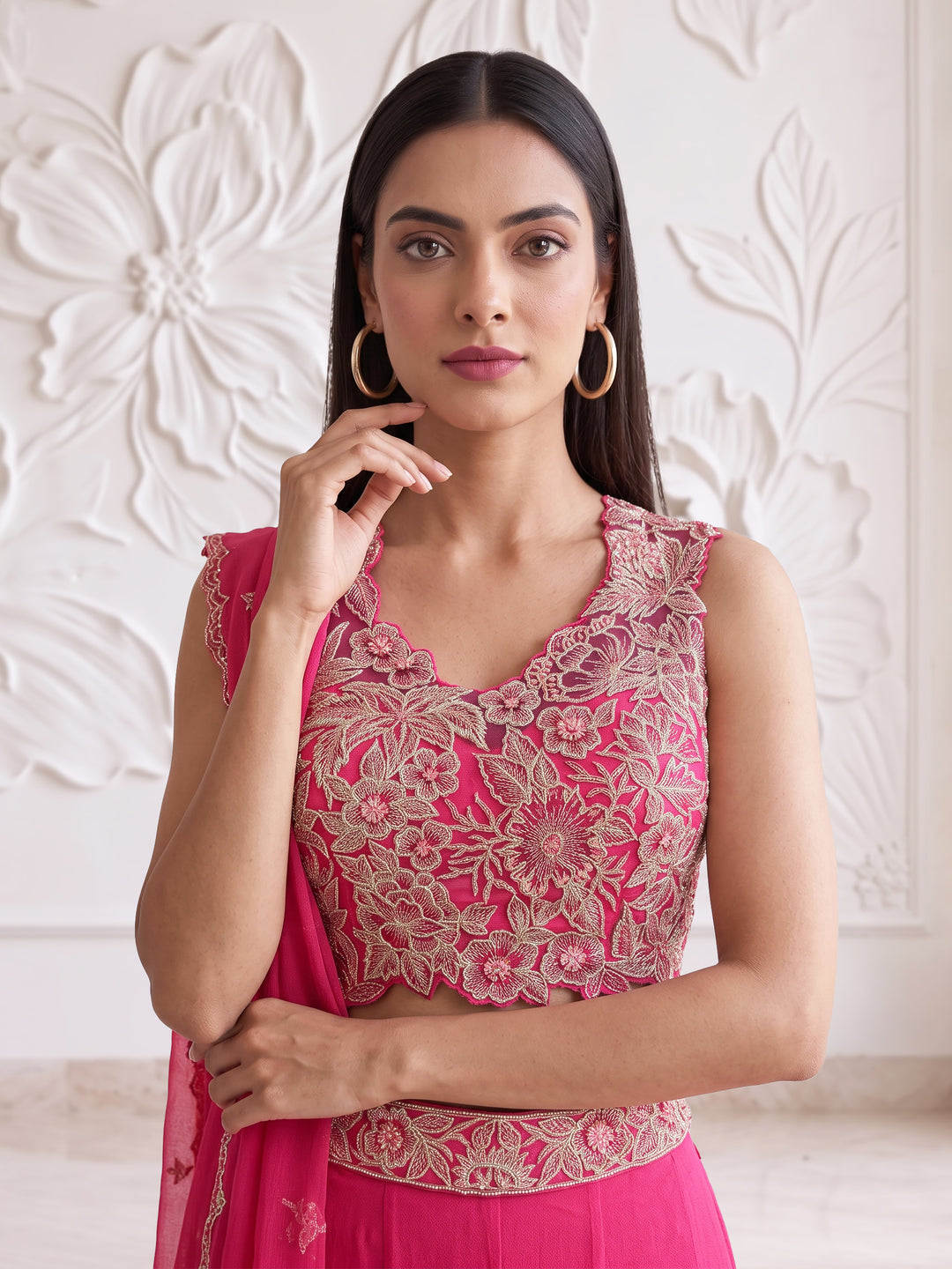 Fuchsia Pink Bloom Embroidered Sharara Set