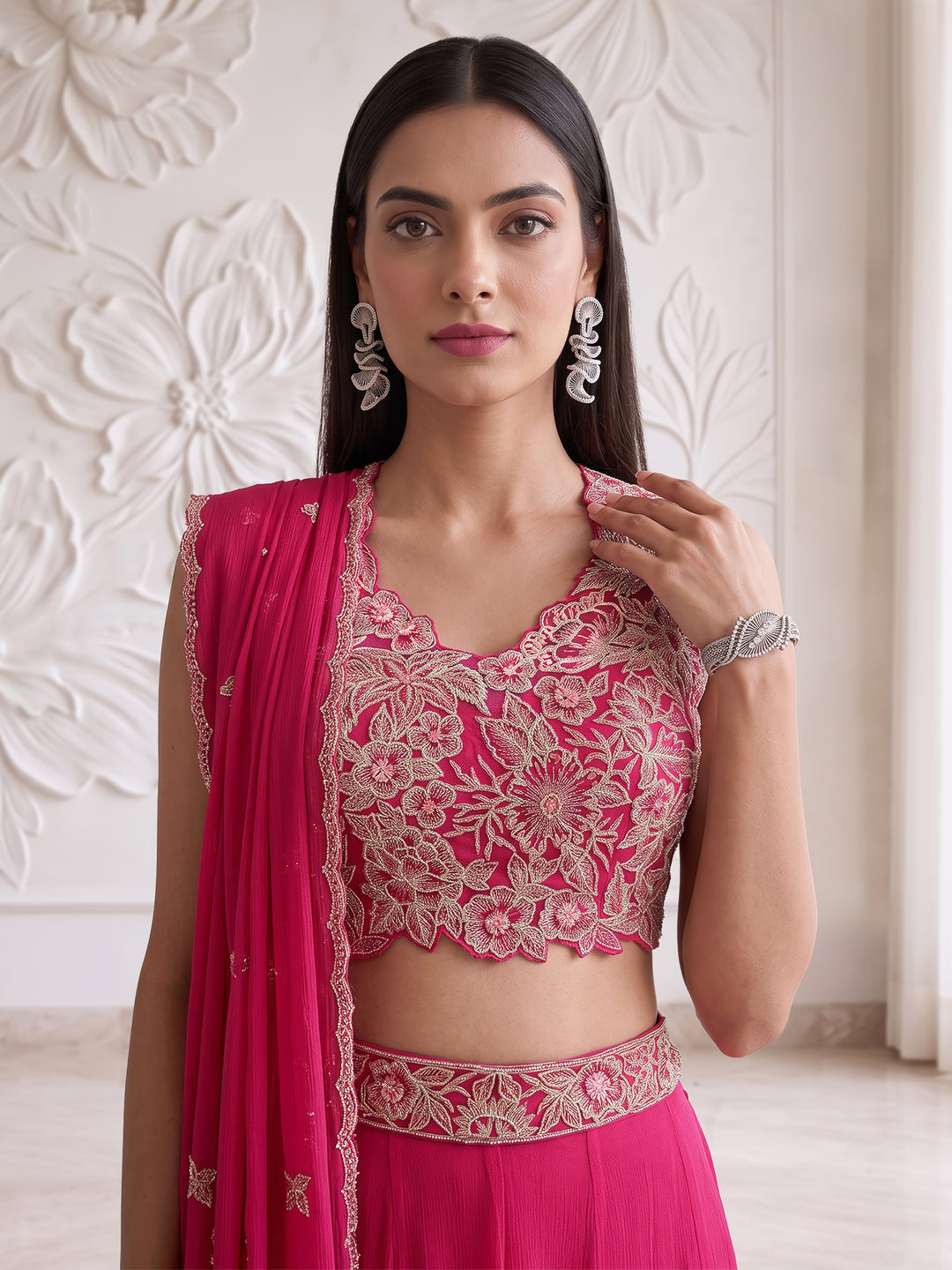 Fuchsia Pink Bloom Embroidered Sharara Set