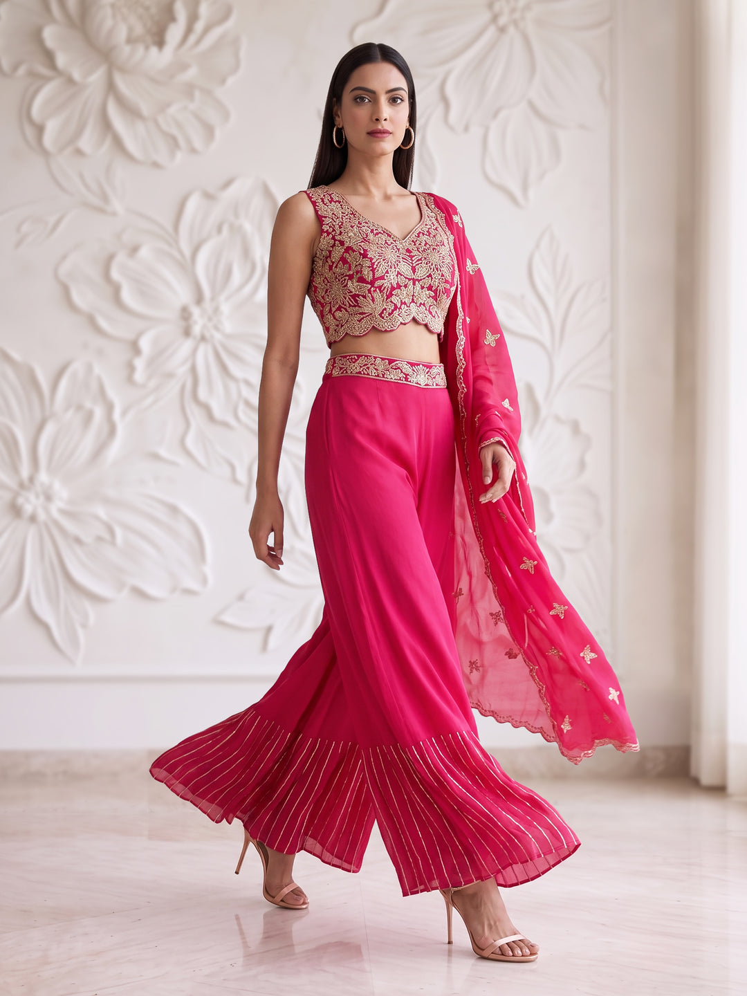 Fuchsia Pink Bloom Embroidered Sharara Set