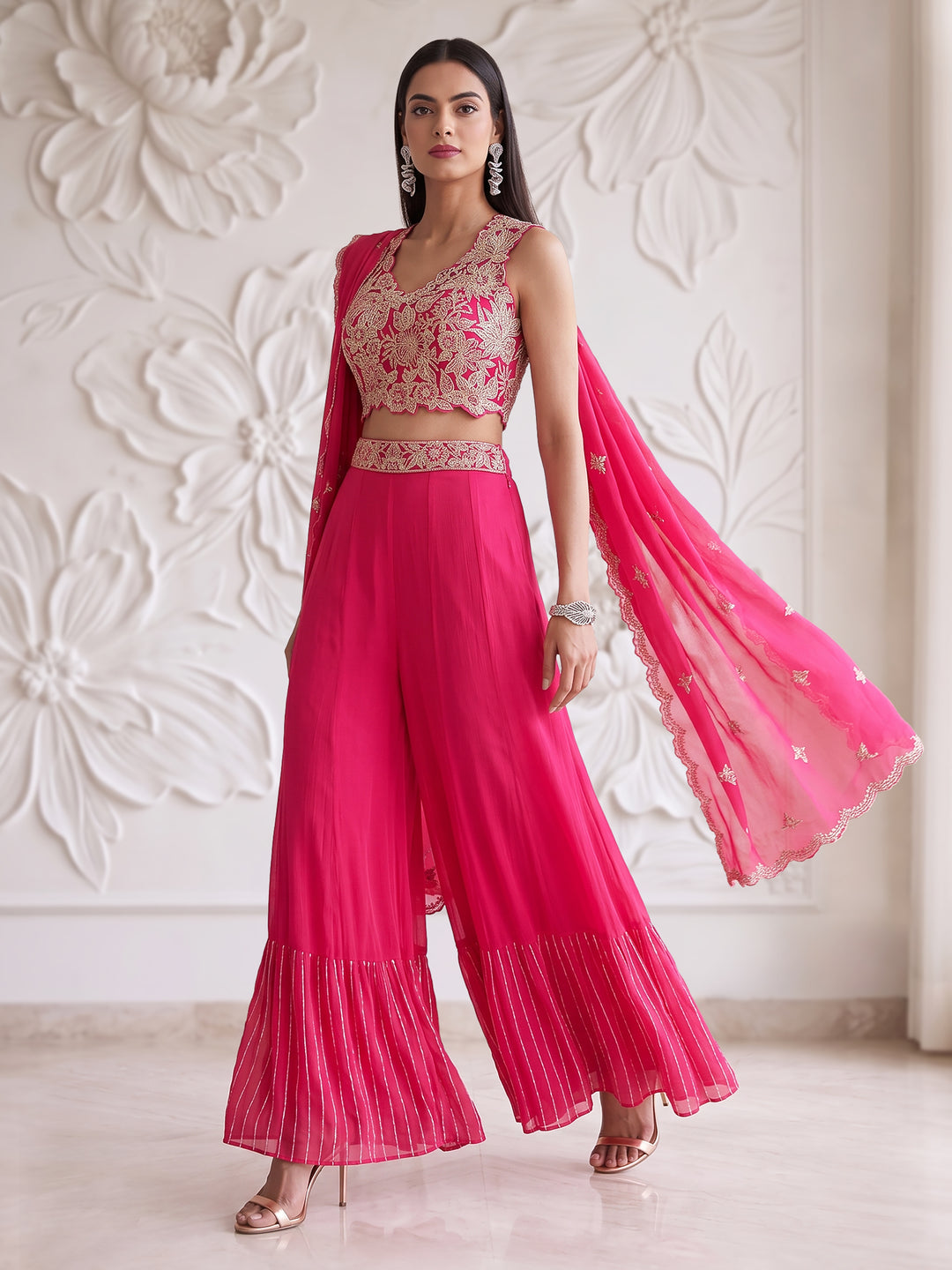 Fuchsia Pink Bloom Embroidered Sharara Set