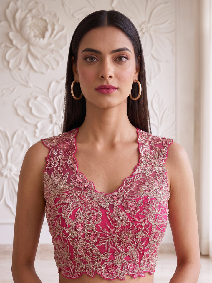 Fuchsia Pink Bloom Embroidered Sharara Set