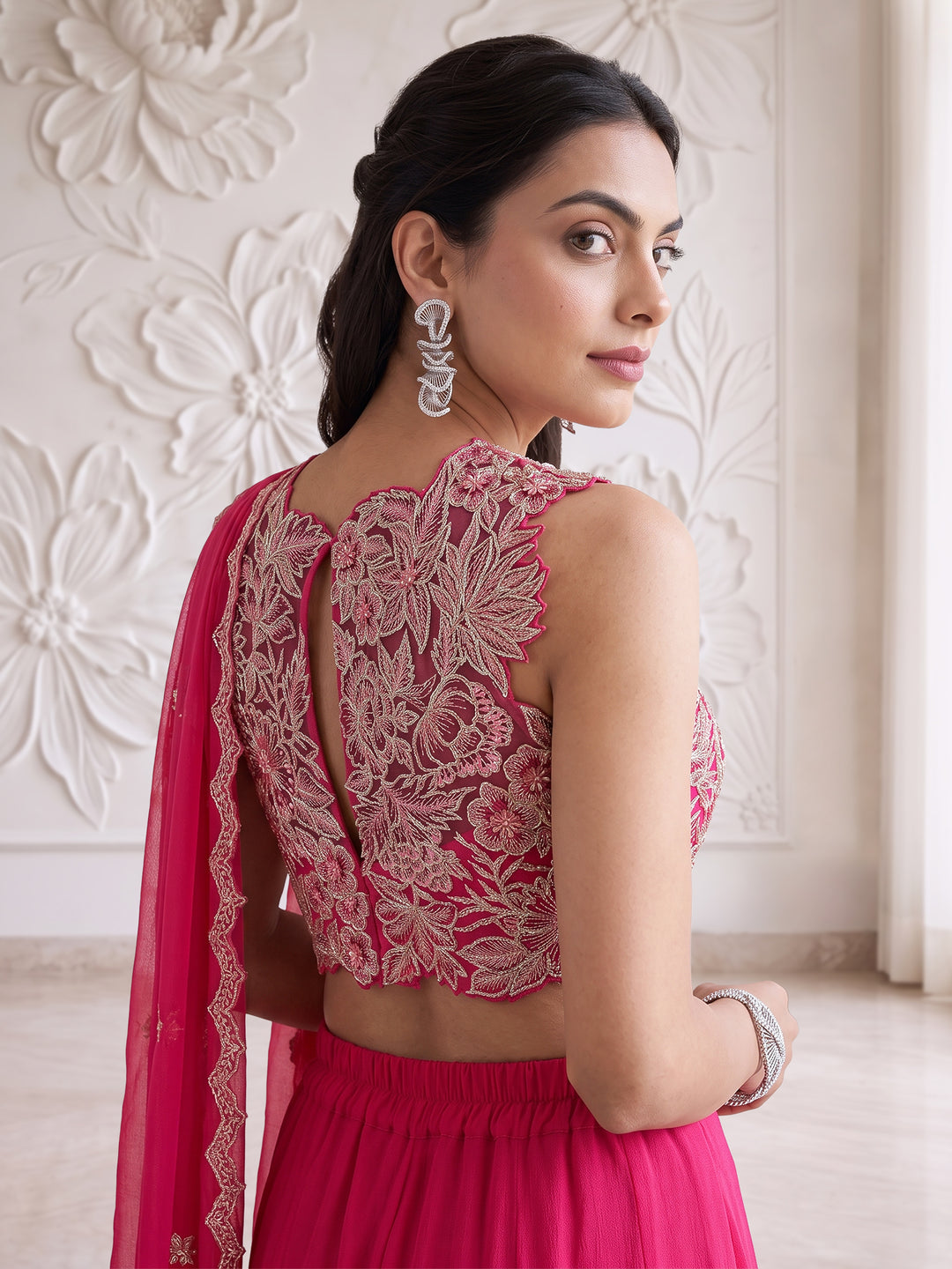 Fuchsia Pink Bloom Embroidered Sharara Set