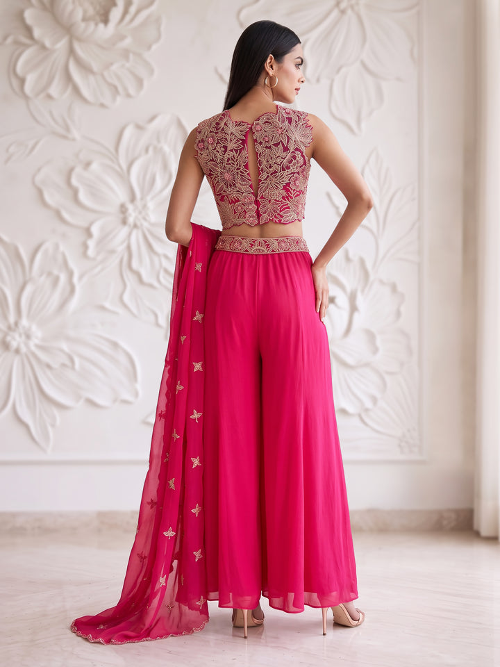Fuchsia Pink Bloom Embroidered Sharara Set
