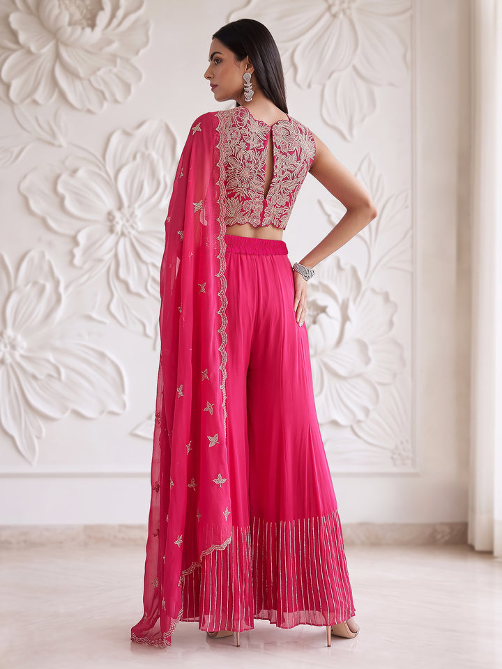 Fuchsia Pink Bloom Embroidered Sharara Set