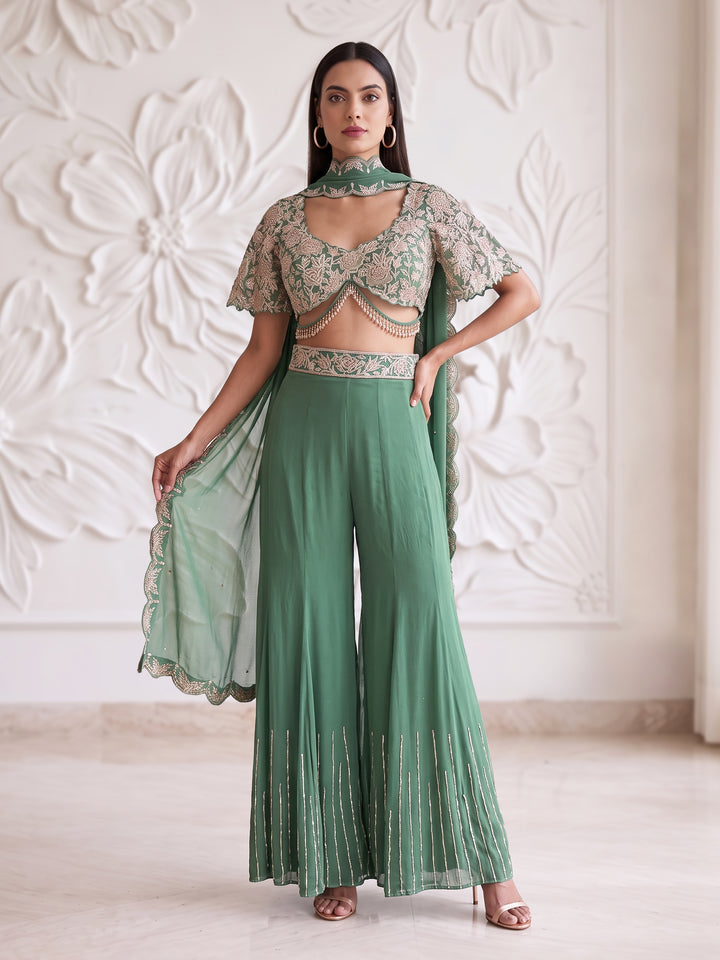 Sage Green Bell Sleeve Floral Roses Embroidered Blouse with Sharara