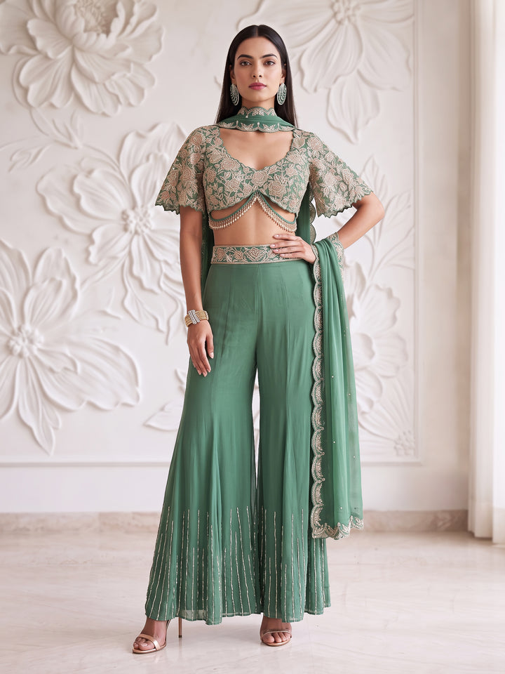 Sage Green Bell Sleeve Floral Roses Embroidered Blouse with Sharara