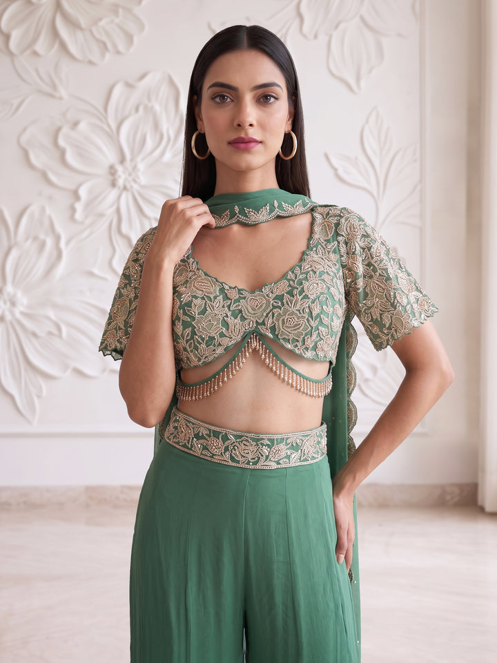 Sage Green Bell Sleeve Floral Roses Embroidered Blouse with Sharara