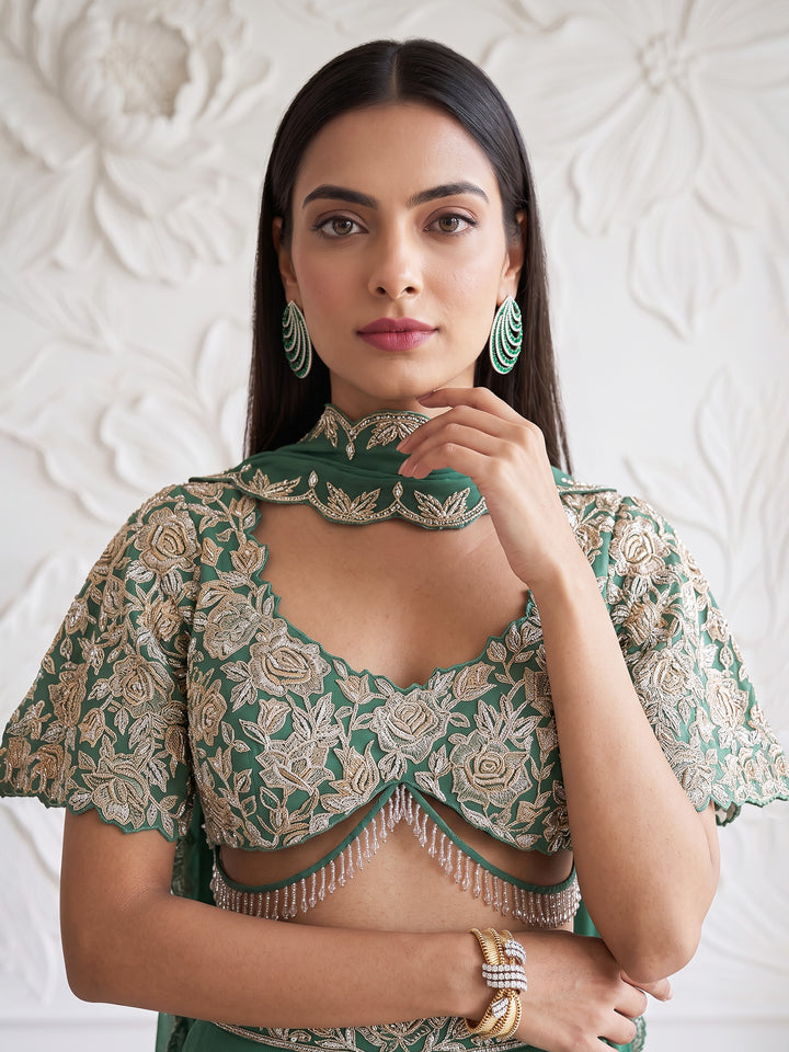 Sage Green Bell Sleeve Floral Roses Embroidered Blouse with Sharara