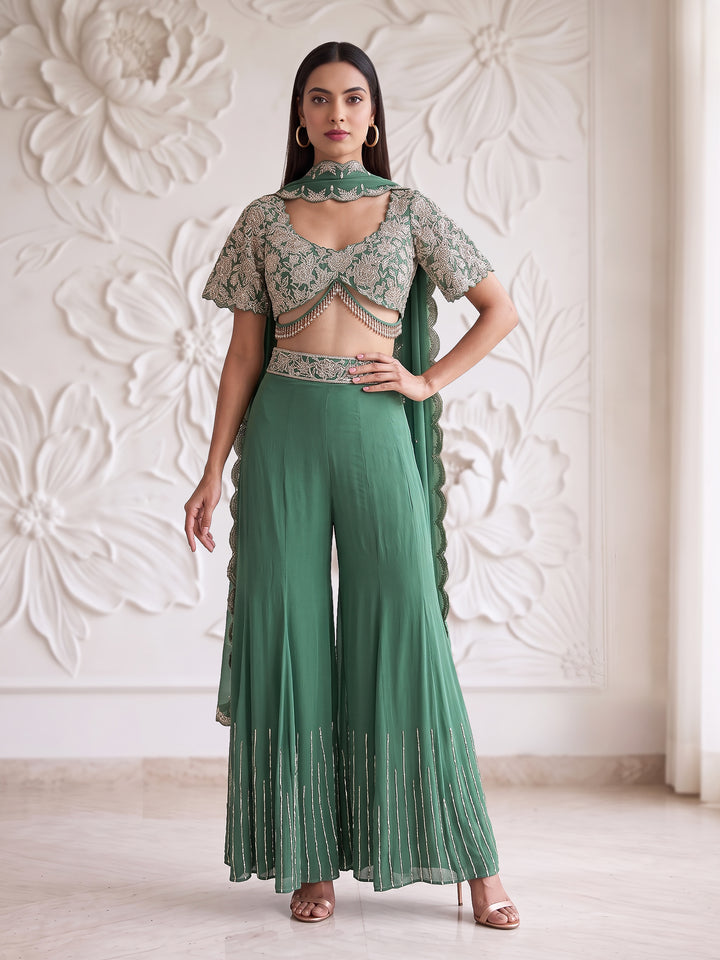 Sage Green Bell Sleeve Floral Roses Embroidered Blouse with Sharara
