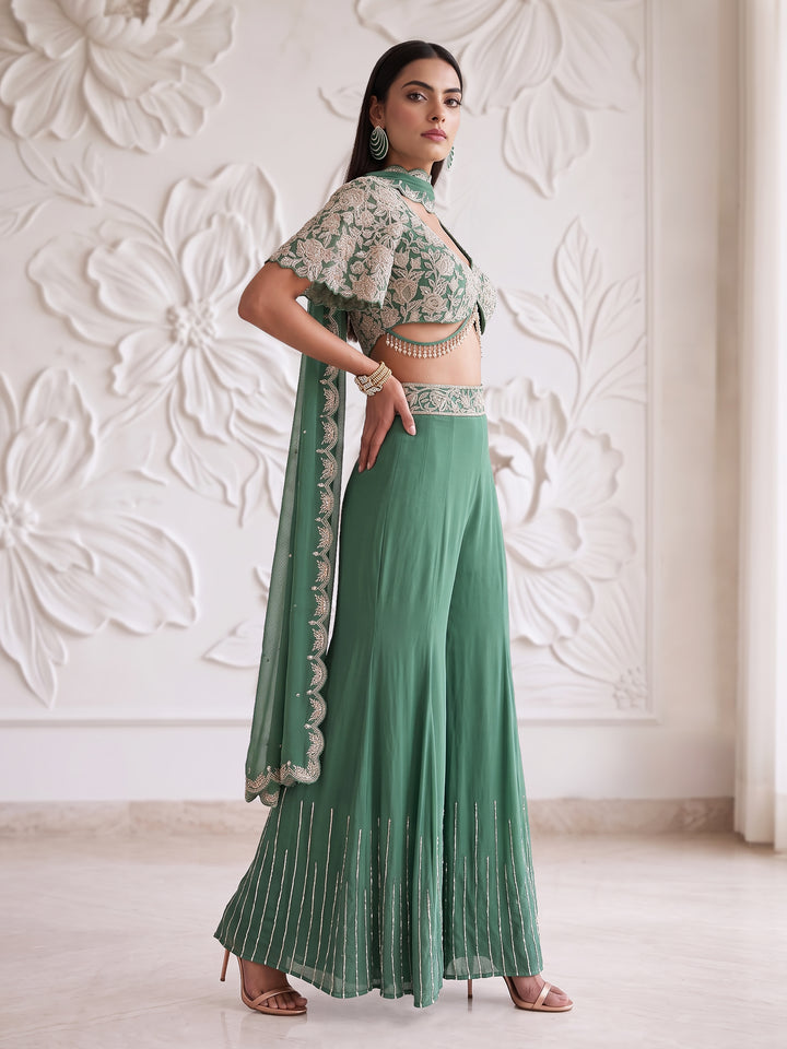Sage Green Bell Sleeve Floral Roses Embroidered Blouse with Sharara