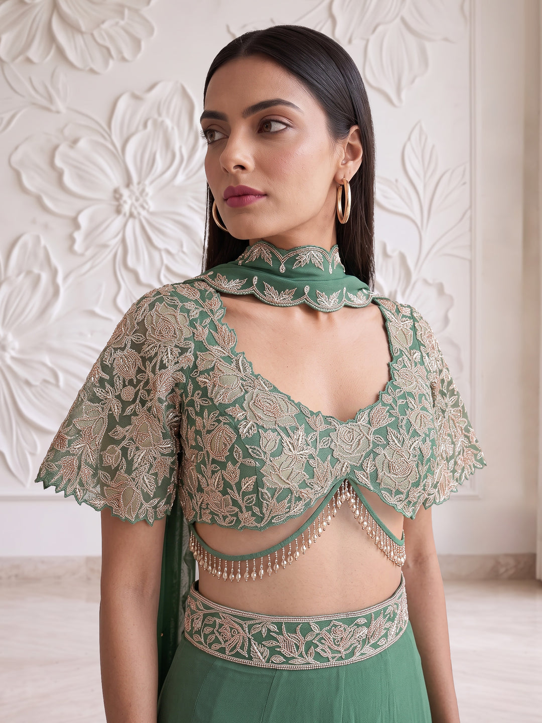 Sage Green Bell Sleeve Floral Roses Embroidered Blouse with Sharara
