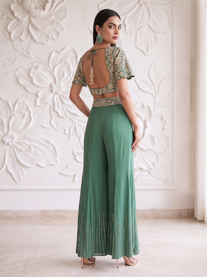 Sage Green Bell Sleeve Floral Roses Embroidered Blouse with Sharara